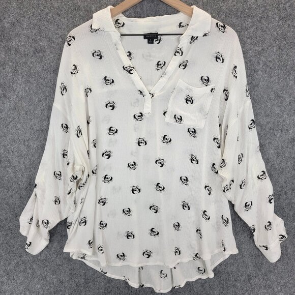 torrid Tops - Torrid Blouse Womens 1 Skull Print White Black Long Sleeve Button Tab Gauzy Top